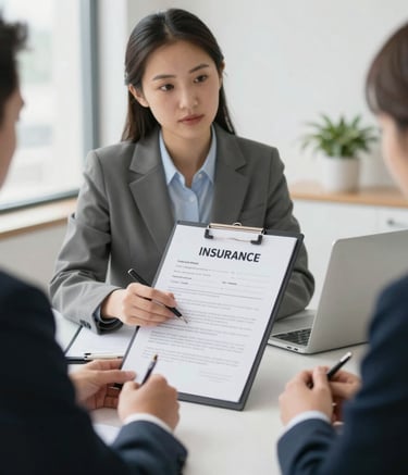 A close-up of a detailed insurance policy document with a pen resting on top.