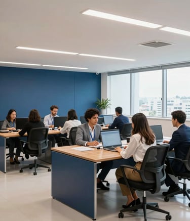 Wide-angle photography of a clean, modern Brazilian corporate office with South American professionals collaborating at desks, featuring deep navy and light blue accents in a bright, professional environment.