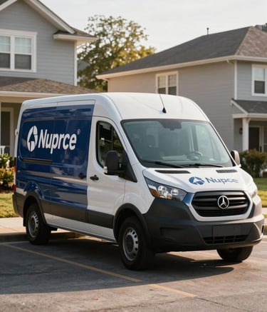 A clean, modern mobile service van with professional branding parked on a quiet North American residential street, morning light, reflecting a sense of reliability and modern efficiency, colors include dark blue and off-white.