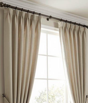 Bright kitchen window featuring elegant white curtains neatly hung.