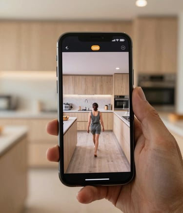 A high-quality smartphone held by a professional hand, recording a video walkthrough of a soft sand colored kitchen. The lighting is dependable and professional, showing a realistic view of the space.