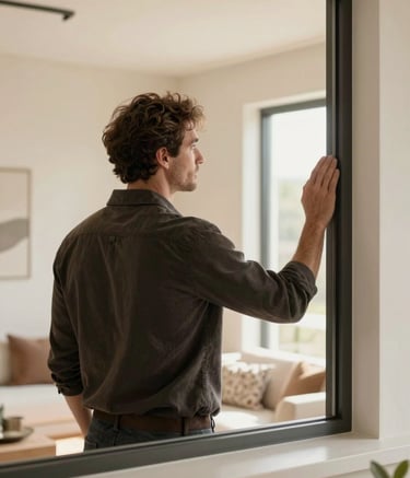 A professional looking through a bright window in a modern Phoenix home, wearing a dark charcoal brown shirt. The room is filled with warm cream light, highlighting a clean and modern aesthetic.