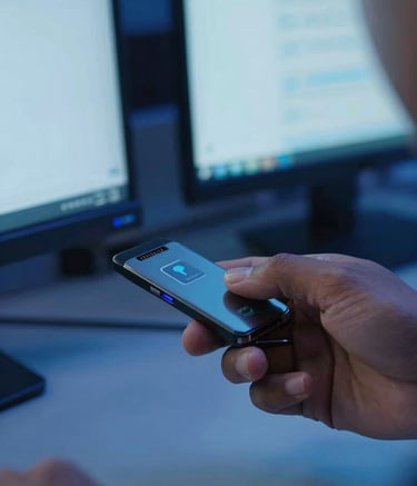 A close-up photograph of a secure digital interface being accessed by a person in a modern South Asian / Indian tech office. The lighting is dominated by deep ocean blue and pale azure tones from multiple screens. The composition is tight and focused, highlighting high-tech user protection.