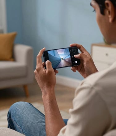 A high-quality lifestyle photograph of a person in a stylish South Asian / Indian home setting, comfortably playing games on a high-performance smartphone. The room is filled with soft light and muted sky blue accents, reflecting a high-end digital entertainment experience.