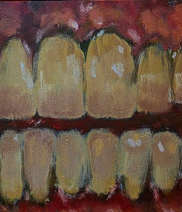 a messy, loose oil painting depicting a close-up picture of yellow teeth, grinning, titled "teeth"
