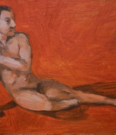 an oil painting study of a nude figure sitting on the ground, wounded, orange/red background.