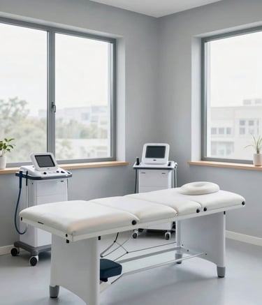 Professional interior photography of a bright, contemporary Western European physiotherapy cabinet. The space features clean lines, light gray walls, and professional medical equipment. A large window lets in soft daylight, creating a reassuring and clinical yet welcoming mood.