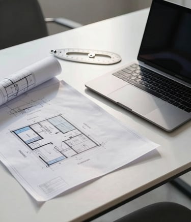 A high-angle professional photography shot of a clean, modern desk in a Western European studio. On the desk are architectural blueprints, a sleek laptop, and a drafting scale. The lighting is bright and natural, reflecting a professional atmosphere with accents of sky blue and dark gray.