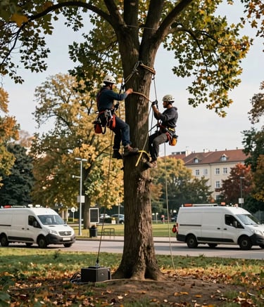 Wide shot of a professional arborist team working in a public park in Central European / Polish city, using ropes and safety equipment in a tall tree, clean and modern specialized vehicles in the background, autumn sunlight, colors of dark green and tan.