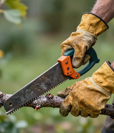A close-up photograph of a professional arborist's hands in durable tan leather work gloves using a high-precision hand saw on a tree branch, Central European / Polish garden setting, morning light, background in soft tones of sage green and dark green.