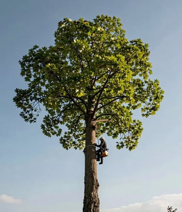 A tall, majestic tree being carefully maintained by an arborist in the distance, dramatic low angle shot looking up towards the sky, Central European / Polish sky, lighting emphasizes the green leaves and wood textures.