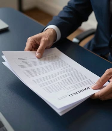 A detailed close-up of a financial professional in the United Kingdom reviewing strategic documents on a dark navy blue desk. The lighting is sharp and professional, highlighting a sense of precision, integrity, and sophisticated corporate focus in a London office.