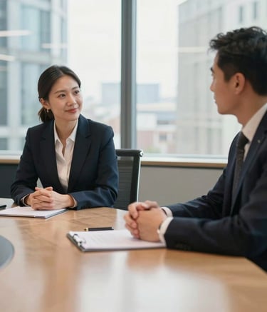 A professional and sophisticated meeting in a high-end Mayfair office in London, United Kingdom. Two individuals in formal business attire are seated in a bright, modern boardroom, reflecting a client-centric atmosphere and trustworthiness.