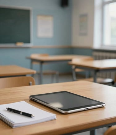 A modern, brightly lit classroom setting in Berlin during the afternoon. The focus is on a wooden table with a tablet and a clean notebook. The background shows a blurred, high-quality school interior with muted blue and white walls.