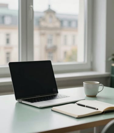 A clean, minimalist desk in a bright office in Berlin, featuring a laptop, a notebook, and a ceramic cup. Through the window, blurred Central European architecture is visible in soft daylight. The atmosphere is calm, professional, and understated, with sage green accents.