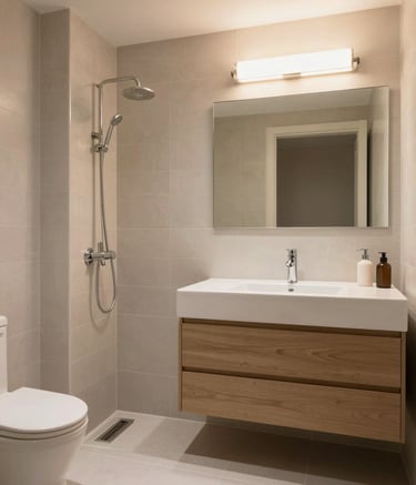 A craftsman carefully fitting bespoke wooden cabinetry in a villa.