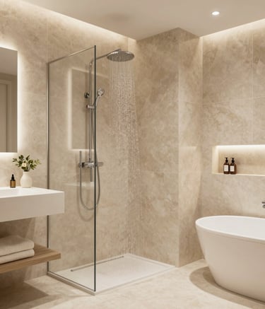 A serene spa bathroom featuring stone tiles and ambient lighting.