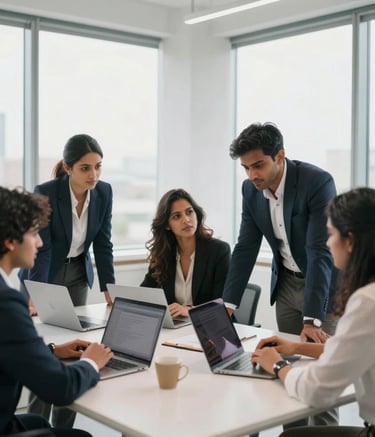 A high-quality photography of a diverse South Asian professional team collaborating around a white table in a modern, brightly lit office with large windows and minimal decor.