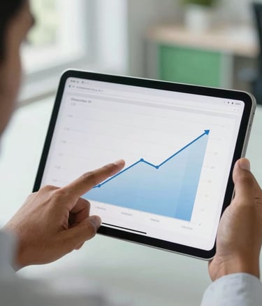 A close-up photograph of a professional South Asian individual pointing at a tablet screen displaying a clean, rising sales growth chart, set in a bright, modern Indian office with soft green accents.