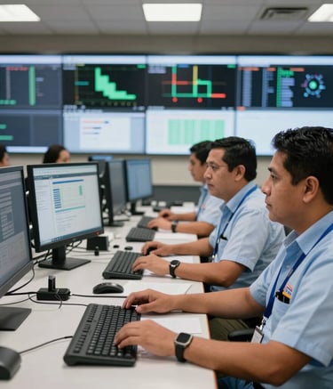 A professional dispatch scene in a high-tech logistics control room in Lima, Peru, with South American / Peruvian personnel monitoring operations on screens, professional and authoritative tone.