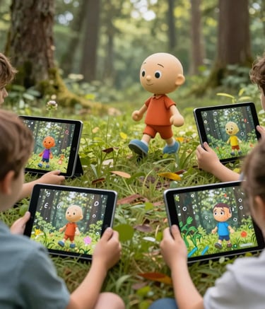 Children exploring a natural reserve with tablets in hand, blending nature and AI learning.