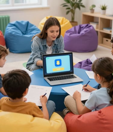 Group of students interacting with AI-powered exhibits at a historical site.