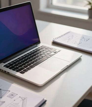 A close-up, high-angle photograph of a clean, modern desk in a North American / US home office. A high-end laptop is open next to a notepad with business strategy sketches. Soft morning light enters from a window, highlighting a sleek blue and purple aesthetic. The atmosphere is professional, organized, and tech-forward.