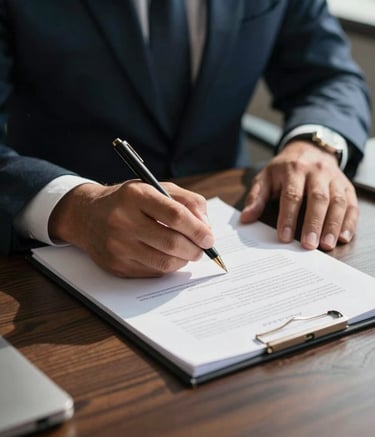A close-up of a professional hand signing a formal document on a dark wood desk in a sunlit South American office. The lighting is crisp and natural, highlighting a atmosphere of trust and legality. Subtle dark blue and gray tones dominate the scene.