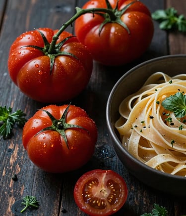 A close-up, Scandinavian-style overhead photograph of a rustic wooden table featuring fresh heirloom tomatoes, garden herbs, and a bowl of handmade pasta. Professional photography with sophisticated, moody lighting and deep shadows, featuring tones of Deep Ripe Crimson and Matte Forest Green. Northern European / North American setting.