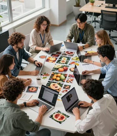 A high-angle shot of a creative digital marketing team in a bright, modern Northern European office, collaborating over a large table with mood boards and photos of local produce. Natural light, clean lines, and a professional yet approachable atmosphere.