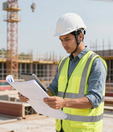 A professional Brazilian electrical engineer in a white hard hat and safety vest reviewing blueprints on a digital tablet at a large-scale construction site. Bright, clean daylight, medium shot.