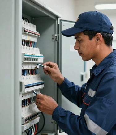 Detailed photography of a professional electrical technician in South American work attire inspecting a clean, modern electrical panel. Soft natural light, sharp focus on technical details, navy blue and light blue elements in the background.