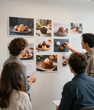 A creative team of marketing professionals in a North American / Western agency studio discussing a content strategy plan over a mood board featuring artisanal food photos, Dark Slate and Crisp Parchment background elements, professional lighting.