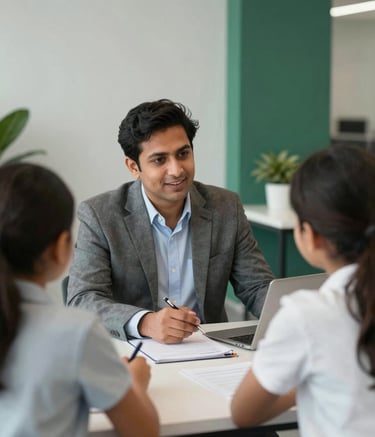 Photography of a professional South Asian / Indian education consultant in a modern, light-filled office. They are seated across from a parent and a student, discussing academic paths. The scene is bright and supportive with light gray and deep forest green accents in the background decor.