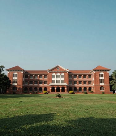 Wide shot photography of a prestigious engineering college campus in South Asian / Indian style, featuring grand red-brick architecture, manicured green lawns, and a clear blue sky. The composition is clean and aspirational, using the brand colors like muted teal and deep forest green in the landscaping.