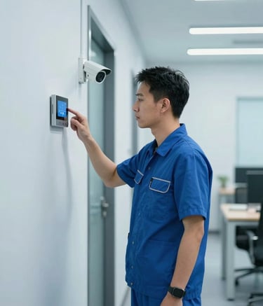 A professional technician in a clean uniform inspecting a wall-mounted smart home control panel and a security camera in a bright, modern office corridor. The lighting is crisp, emphasizing a Steel Blue and Pale Ice Blue environment.