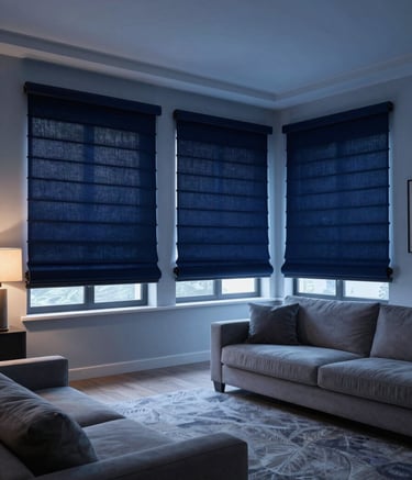 Wide-angle photograph of a sophisticated living room with integrated smart lighting and automated shades. The scene is illuminated in soft Steel Blue tones with Dark Navy Blue accents, showcasing seamless technology integration.