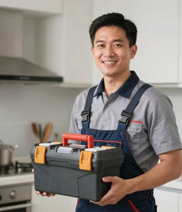 A professional portrait of a Southeast Asian plumbing expert holding a toolbox and smiling confidently. The background is a blurred, modern domestic kitchen, with lighting that emphasizes reliability and clean service.