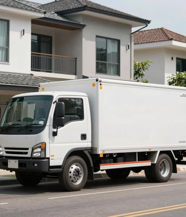A wide-angle shot of a clean, professional-grade Malabanan service truck parked on a modern residential street in the Philippines. The truck features clean branding, and a Southeast Asian professional is standing nearby, ready for work under bright, natural daylight.