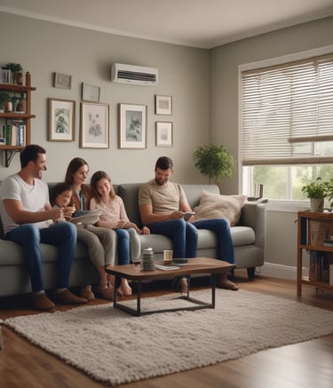 Family smiling in a cool living room after HVAC maintenance.