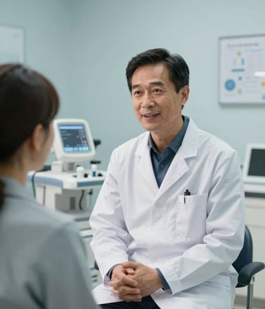 A professional medical practitioner in a white coat speaking kindly with a patient in a bright, modern North American / US clinic exam room. The setting is clean and welcoming with subtle dusty blue wall accents and high-end medical equipment in the background.