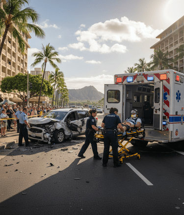 Emergency responders and paramedics loading a car accident victim into a Honolulu EMS ambulance in Waikiki.