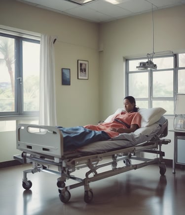 A patient resting in a modern adjustable hospital bed inside a bright medical recovery room.