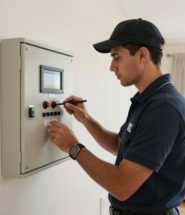 Professional security installer in a professional uniform working on a control panel inside a modern Ecuadorian home. Bright ivory lighting, emphasizing expertise, trust, and professional service.