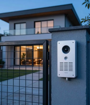 Modern South American villa at dusk featuring high-quality electric security fencing and a professional video intercom system at the gate. Soft slate blue and deep ocean blue color palette, professional architectural photography.