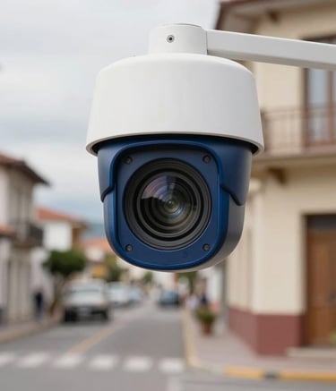 A high-tech security camera lens reflecting a peaceful Ecuadorian street, highlighting modern home surveillance technology. The composition is clean and minimalist, using deep ocean blue and parchment white tones, in professional sharp focus.