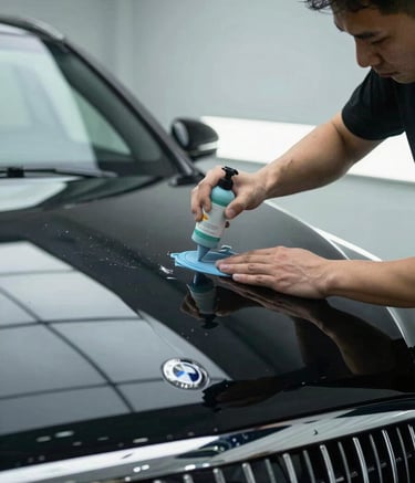 A close-up photograph of a technician meticulously applying a ceramic coating to the hood of a sleek black luxury sedan in a brightly lit, professional North American detailing shop. The surface is reflective like a mirror, showcasing a depth of shine under cool-toned LED lighting.