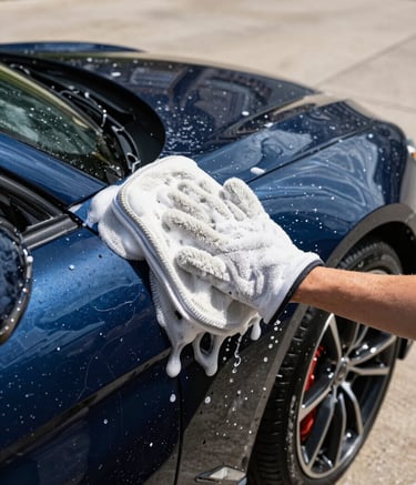 A dynamic shot of a clean, dark blue sports car being hand-washed with thick, white microfiber mitts and plenty of suds. Water droplets catch the sunlight in a clean North American driveway, emphasizing a professional and careful cleaning process.