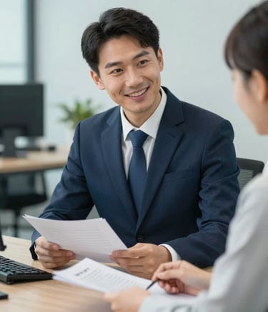 A professional and welcoming office setting where a property manager is reviewing documents with a client. The composition is clean and trustworthy, featuring soft lighting and a palette that includes #2A363B and #F5F8FA.