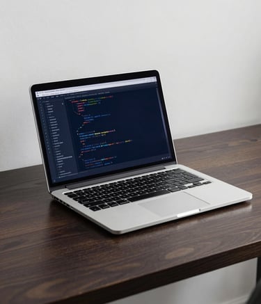 A minimalist, premium workspace featuring a sleek laptop on a dark wood desk. The screen displays lines of code and data structures. The palette is dominated by Obsidian Navy and Arctic White, creating a focused, professional atmosphere.